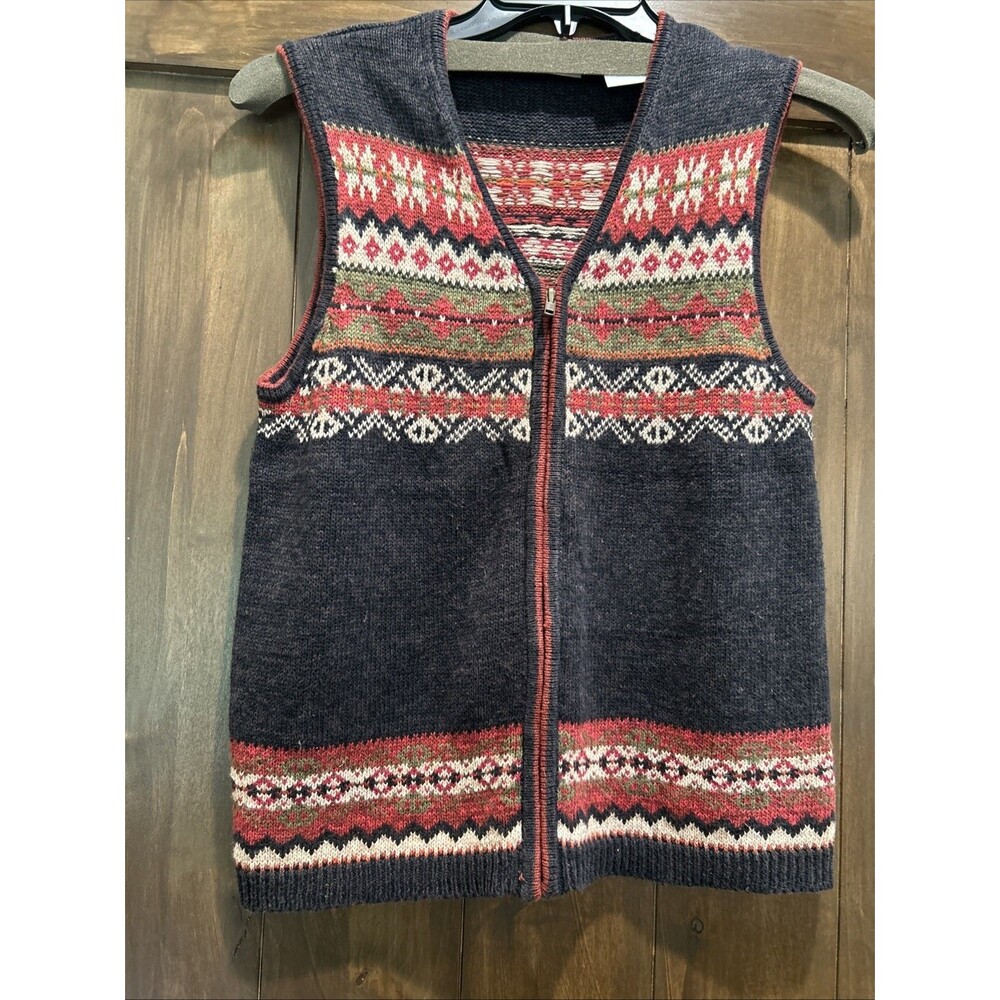 E334 Erika & Co Vintage Fair Isle Knit V-neck Zip Up Sweater Vest Gray Red Sz S